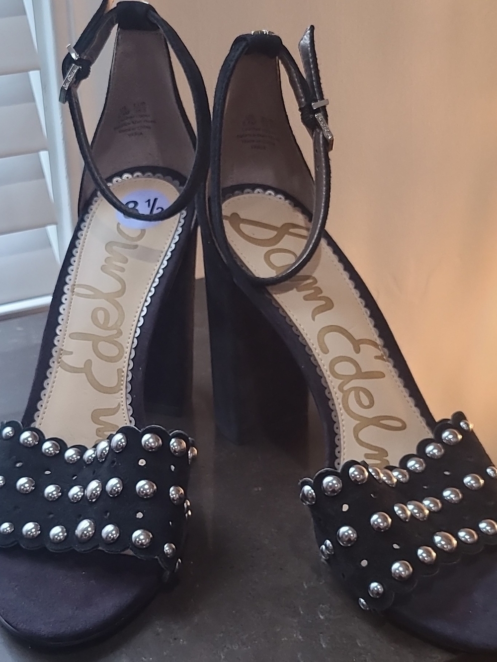 Sam Edelman Women’s Black Suede Strappy Heels Studded Ankle Strap Buckle Sz 8.5